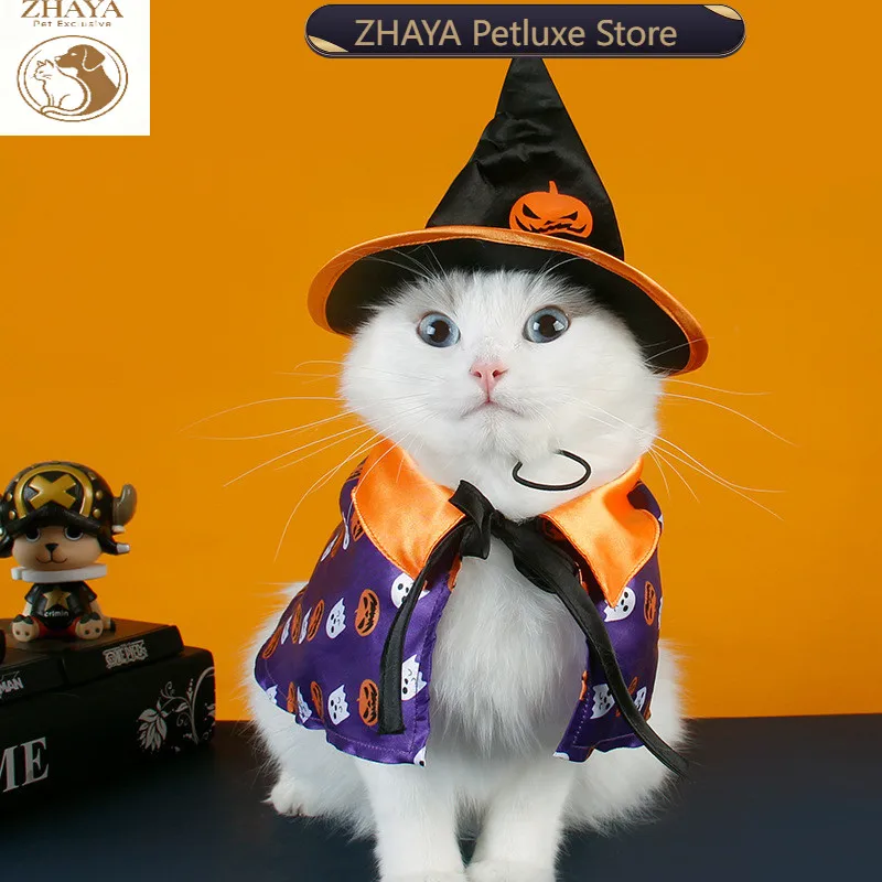 ZHAYA Pet Halloween Costume Cat Dog Witch Hat Cloak Set Pumpkin Magic Wizard Cape For Small Animals Prop