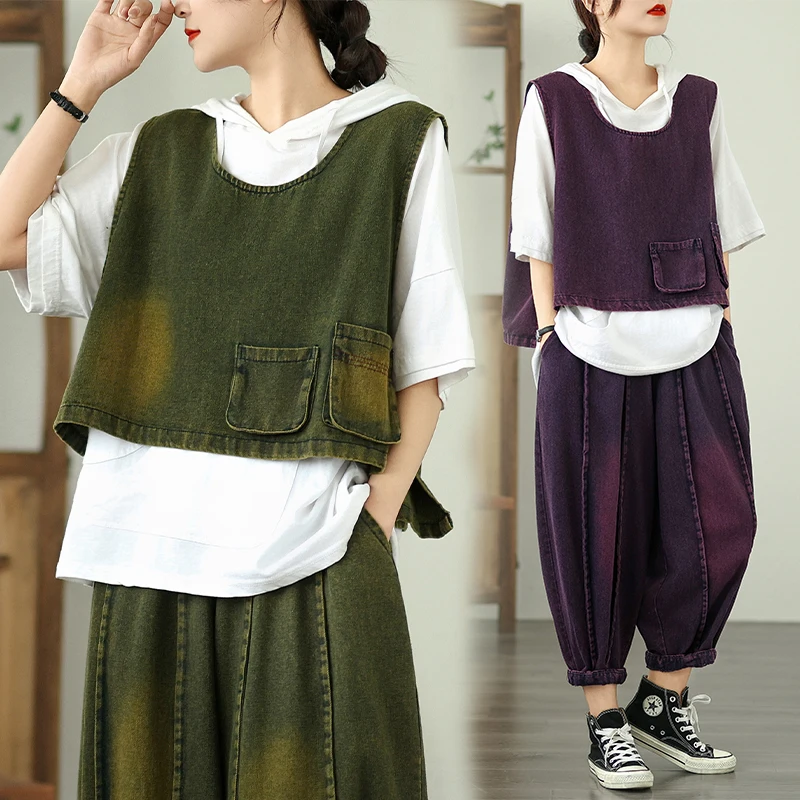 

Летний модный джинсовый комплект из двух предметов: трендовые брюки-карго и утягивающий жилет для полных женщин