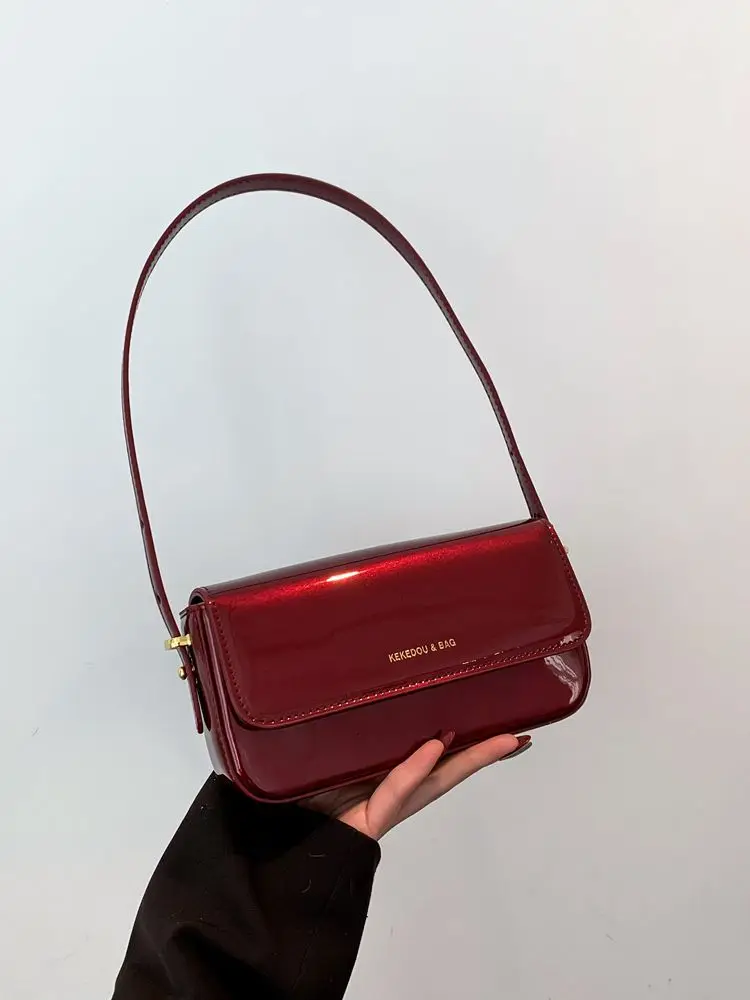 Burgundy PU Crossbody Bag Luxury Ladies Lacquer Leather Shining Fashion Letter Underarm Bags Elegant Classics Commuting Handbag