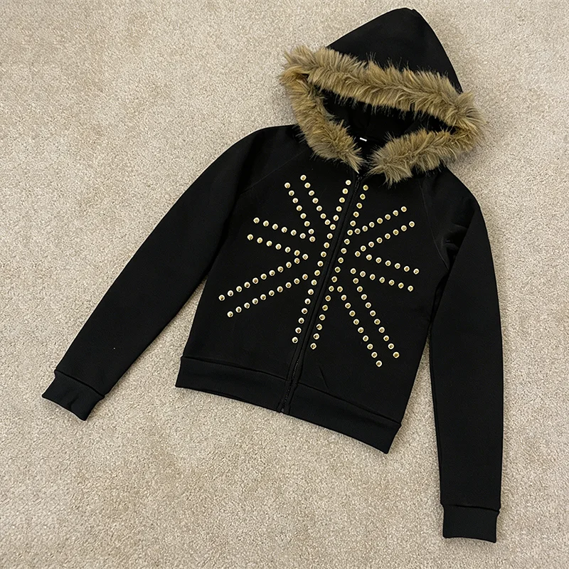 Autumn new retro rice shaped rivet Autumn new retro rice shapfur collar cardigan hooded sweatshirt loose casual jacket for women