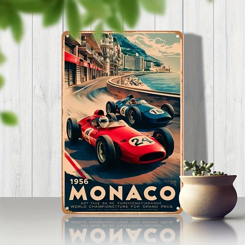 Vintage 1956 Monaco Race Car Metal Tin Sign - Retro Wall Art, High-Quality Iron Craftsmanship, Pre-Drilled Holes for Easy Mounti