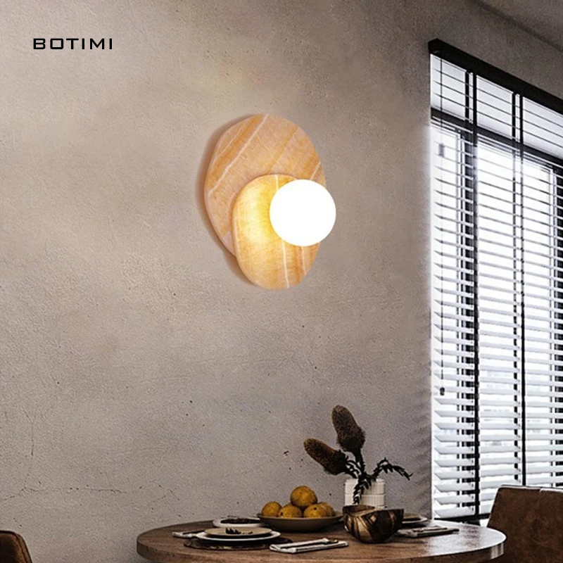 

BOTIMI Yellow Onyx Stone LED Wall Lamp Modern Nordic Wall Sconce Bedside Lamp Home Decorative Indoor Wall Lighting Fixture