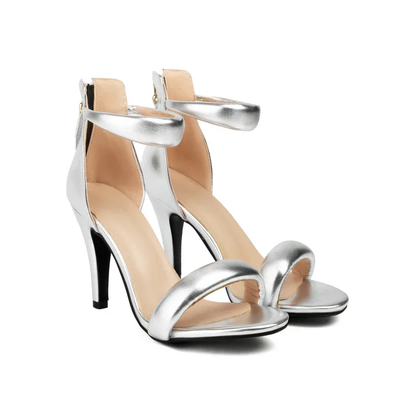 

Chunky Bulky Strap Luxury Designer Women Summer Shoes Gold Silver Zipper Back Open Toe Spike High Heels Sexy Sandals For Woman