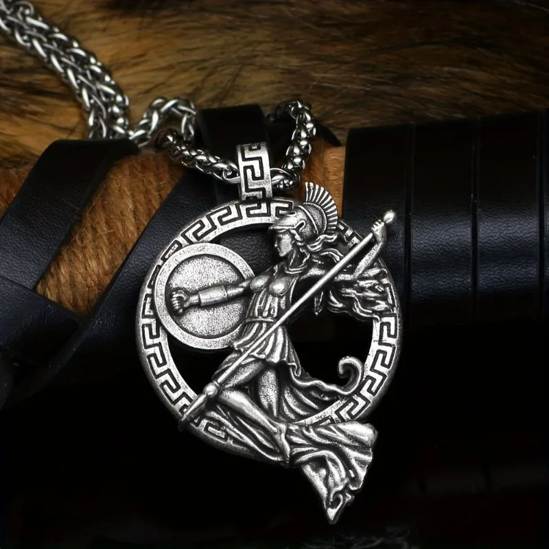 Unisex Hip Hop Spartan Necklace, Ancient Greek Athena Warrior Goddess Design, Alloy Pendant, Trendy Street Fashion Accessory