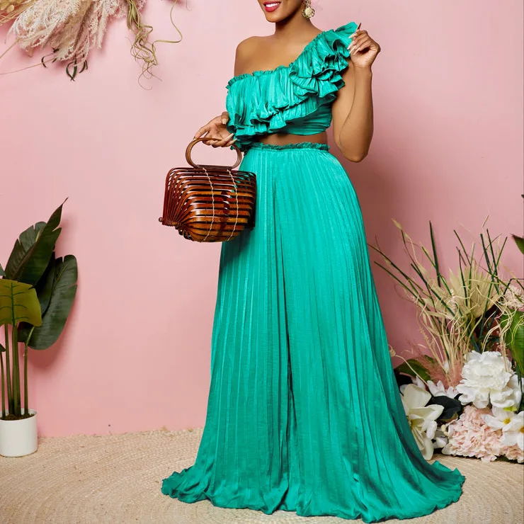 

C8518 Women's Off-shoulder Backless Ruffle Sexy Top And Pleated Wide-leg Pants Two-piece Set Sexy Beach Boho Luxury
