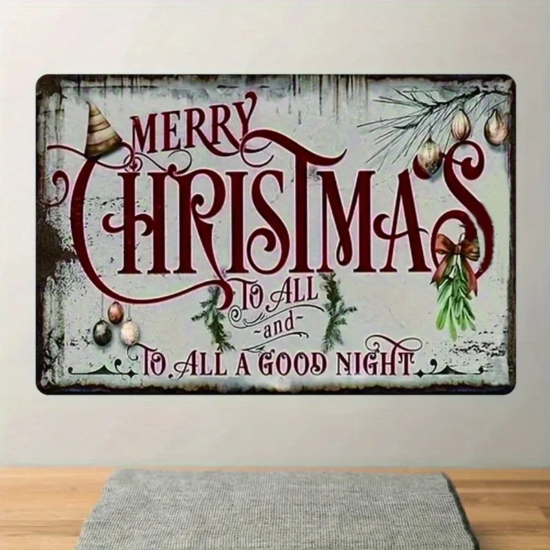 Vintage Merry Christmas Metal Wall Sign  – Rustic Iron Decor with Ornate Cursive Lettering, Holly & Berries Design for Home, Gym