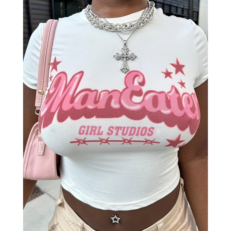 Fashion summer stretch letter printed round neck casual crop top t shirt grphic tees white t shirt