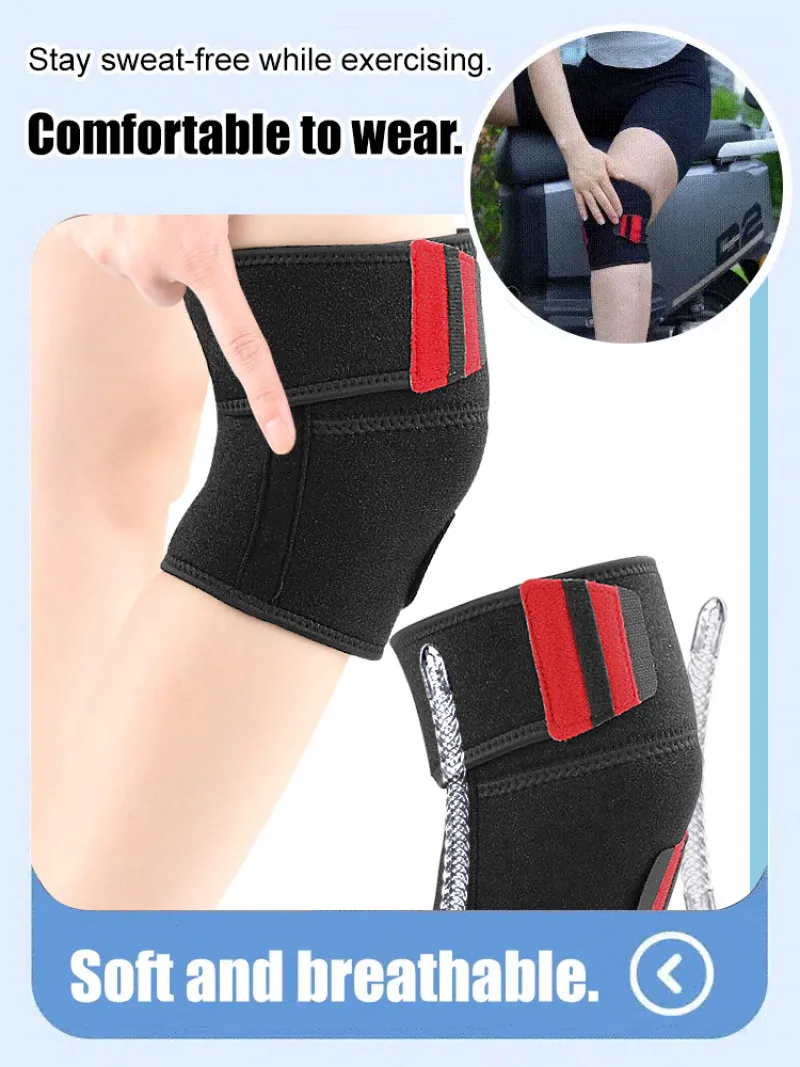 Sportliche Patellar-Kniebandage. Schwarze und rote warme Kniebandage. Kompressions-Sportbandage. Weiche und stoßdämpfende selbstklebende Klammer