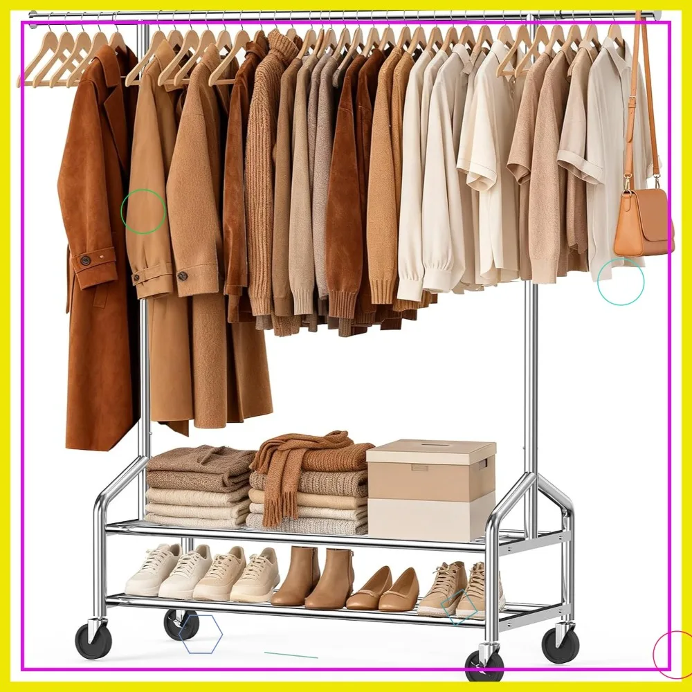 

Heavy Duty Rolling Clothes Rack, 650 LBS Capacity with 2 Sturdy Shelves, Metal Garment Rack on Wheels for Bedroom & Laundry