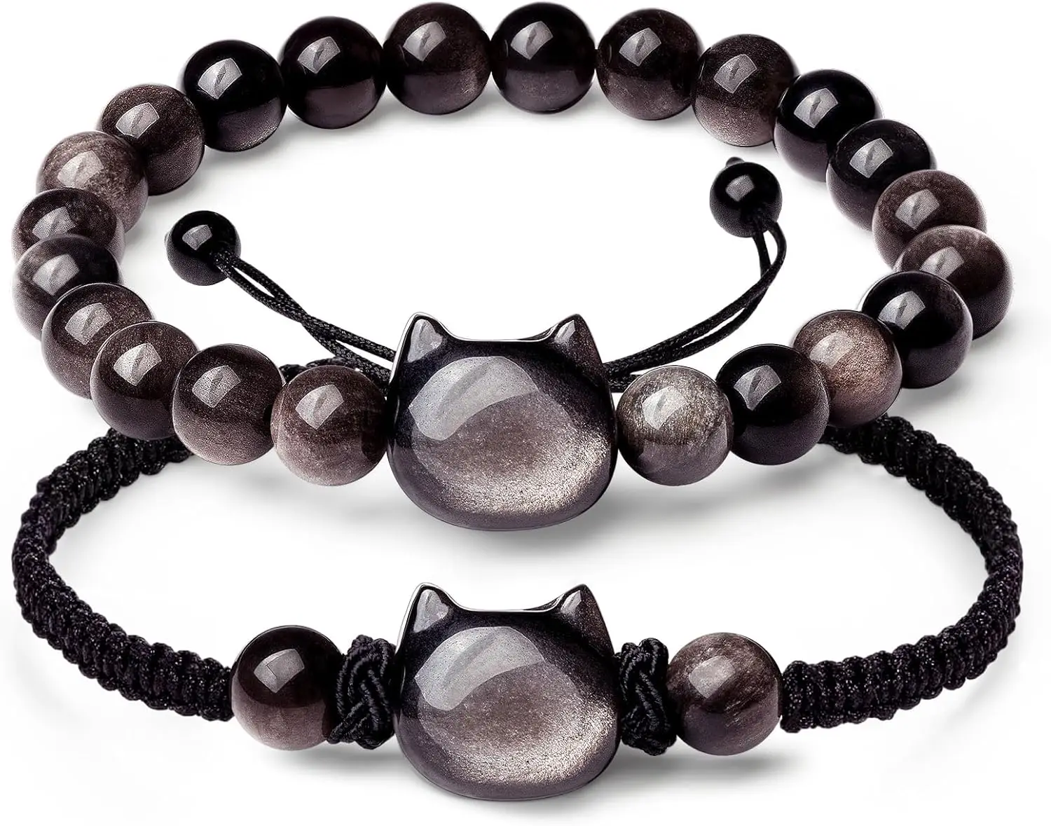 

2Pcs Cat Black Obsidian Stretch Beaded Bracelet Set Money Wealth Mood Rope Bracelets for Men Women Good Luck Feng Shui Jewelry