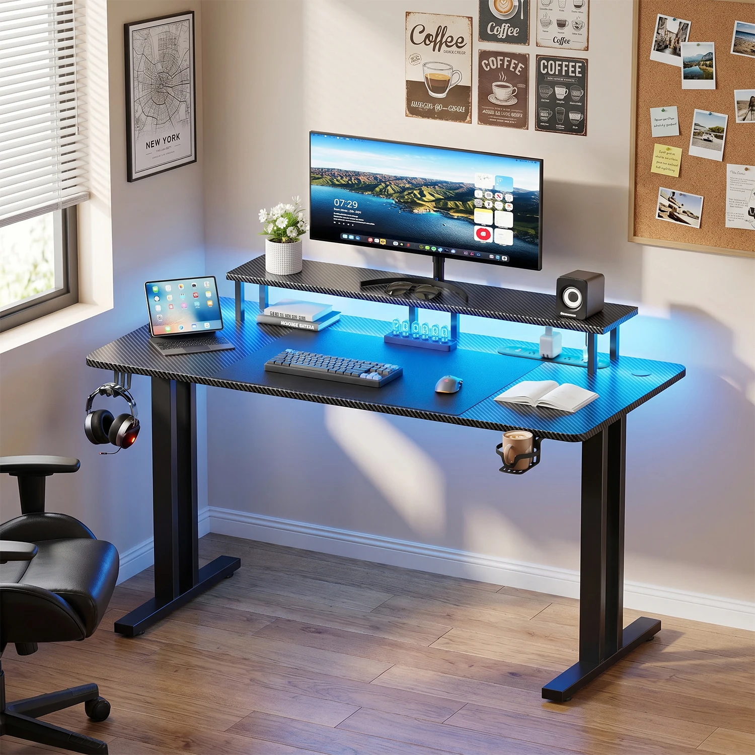 RGB Gaming Desk with Adjustable LED Lights, Carbon Fiber Surface, Detachable Monitor Stand & Built-in Power Strip, Home Office Computer Gaming Table with Cup Holder Headset Hook for Streaming Work Game
