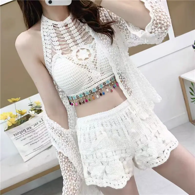 JANZHISAN Women Cotton Crochet 3 Pieces Set Beach Long Crochet Cover Ups Bikini Fringed Halter Neck Tops Casual Short Pant