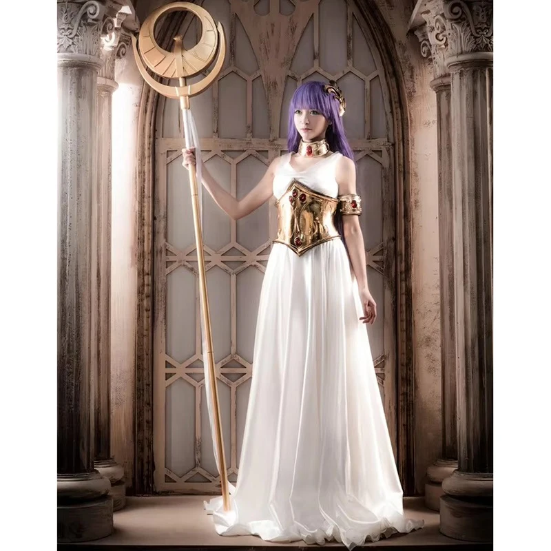 Saint Seiya The Lost Canvas Sasha(Athena) Cosplay Costume White Dress Any Size customized