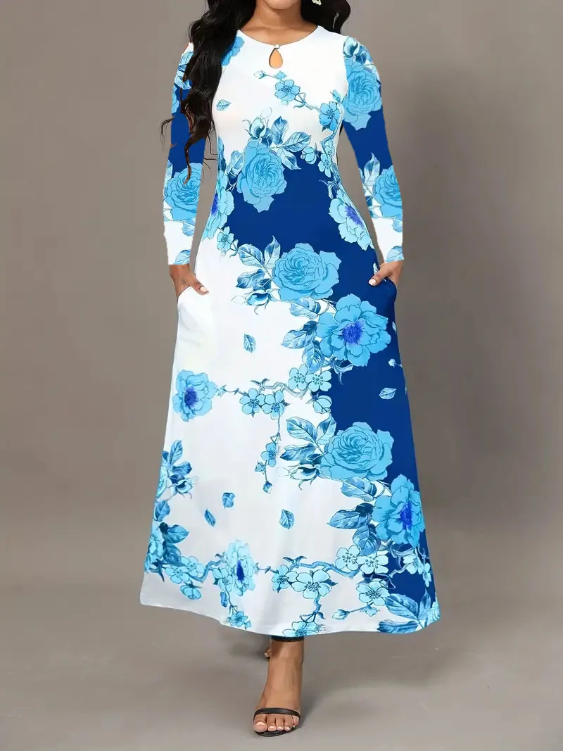 Round neck, long sleeved, printed pockets, waist cinching, large hem skirt, oversized long skirt for women