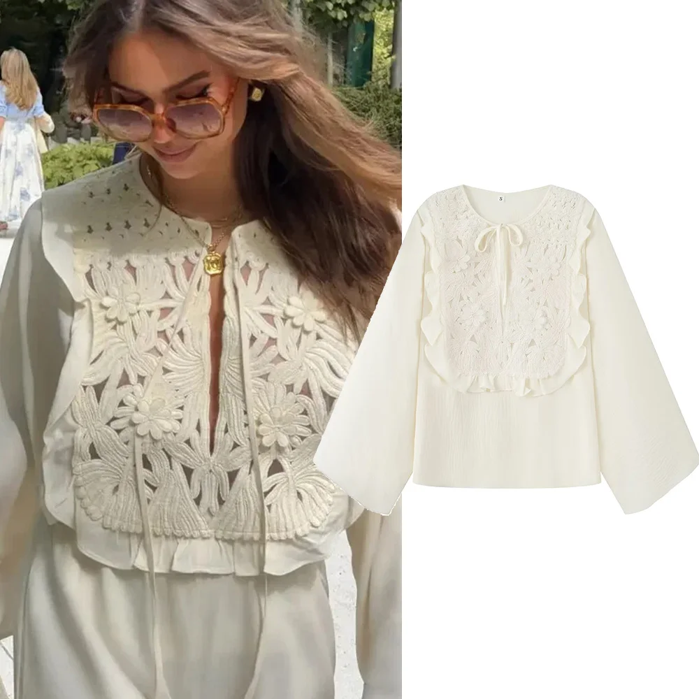 

EDSA Women Beige Lace Up Stitching Hollow Shirt Long Sleeves Summer O-neck Solid Color Female Blouse Tops