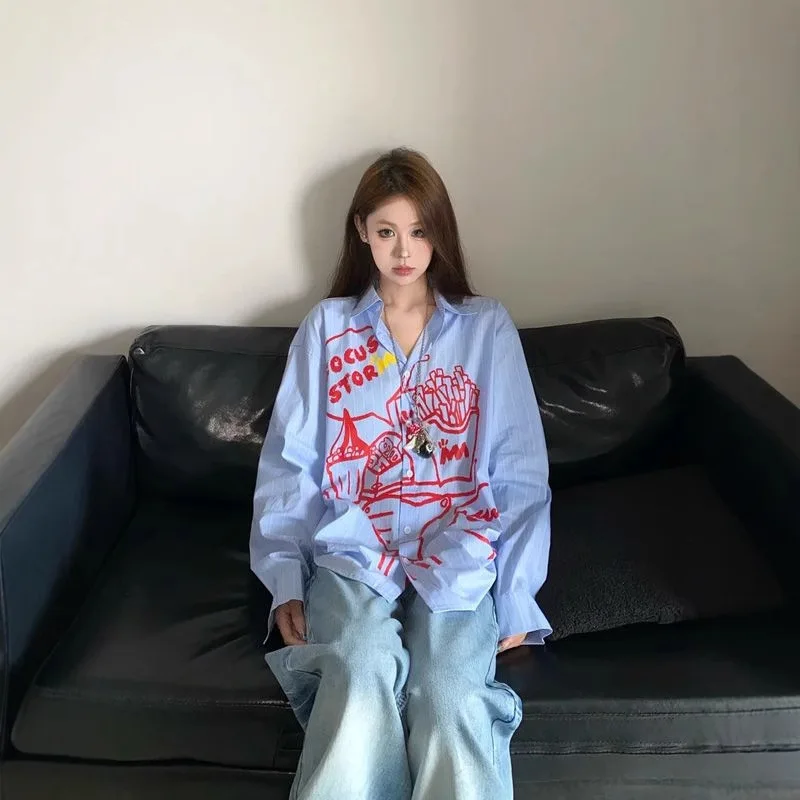 

2026 New American Street Style Long Sleeve Shirt Women Spring Autumn Cartoon Print Blouse Loose Thin Unique Design Casual Tops
