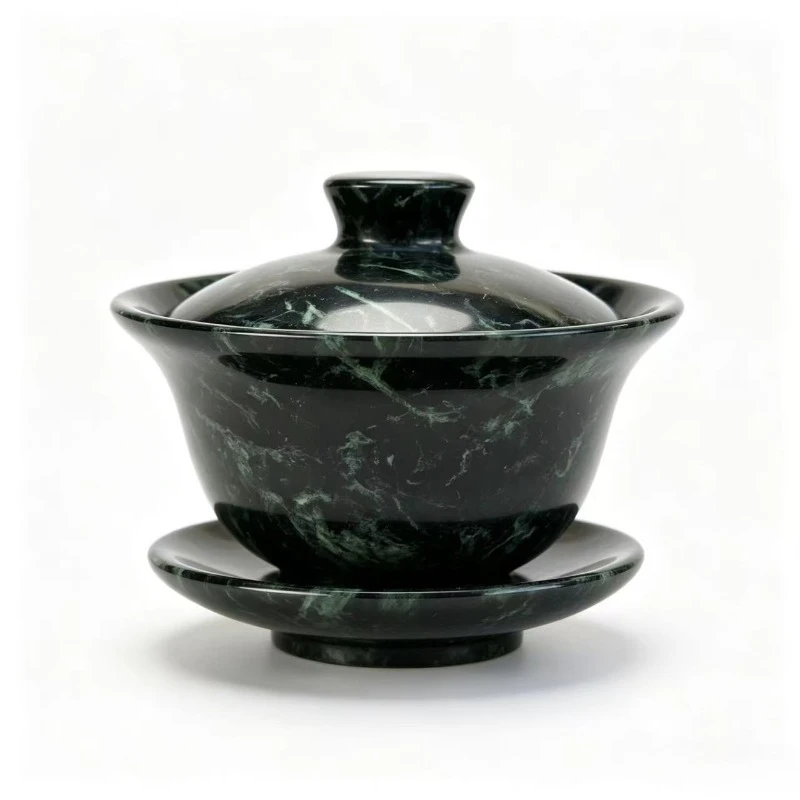 Tibetan Jade Medicinal King Stone Tea Set, Teacup Cover Bowl, Classic Ethnic Style