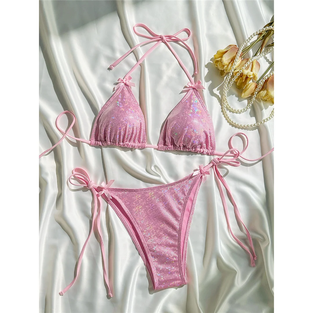 Glitzernder, funkelnder Neckholder-Bikini, Damen-Badebekleidung, zweiteiliger Bikini-Set, Badeanzug mit hohem Beinausschnitt, Badeanzug, Schwimmanzug V7269 – Detail 6