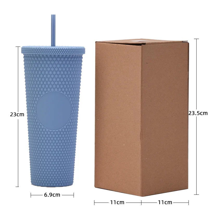 Double Wall 710ml 24oz Noctilucence Plastic Tumbler Bling Studded Straw Cold Cup With No Logo AB color