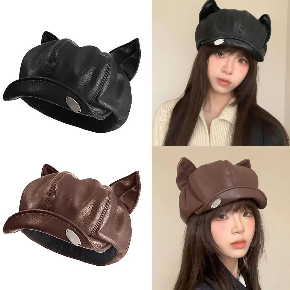 

New Cat Ear Newsboy Hat Solid Color Casual Beret Hat Personalized PU Leather Peaked Cap Autumn Winter