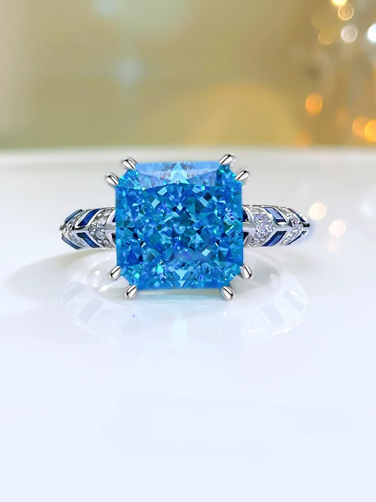 Retro Style 925 Sterling Silver Sea Blue Treasure Ring Inlaid with Fashionable Niche and High Sense Female