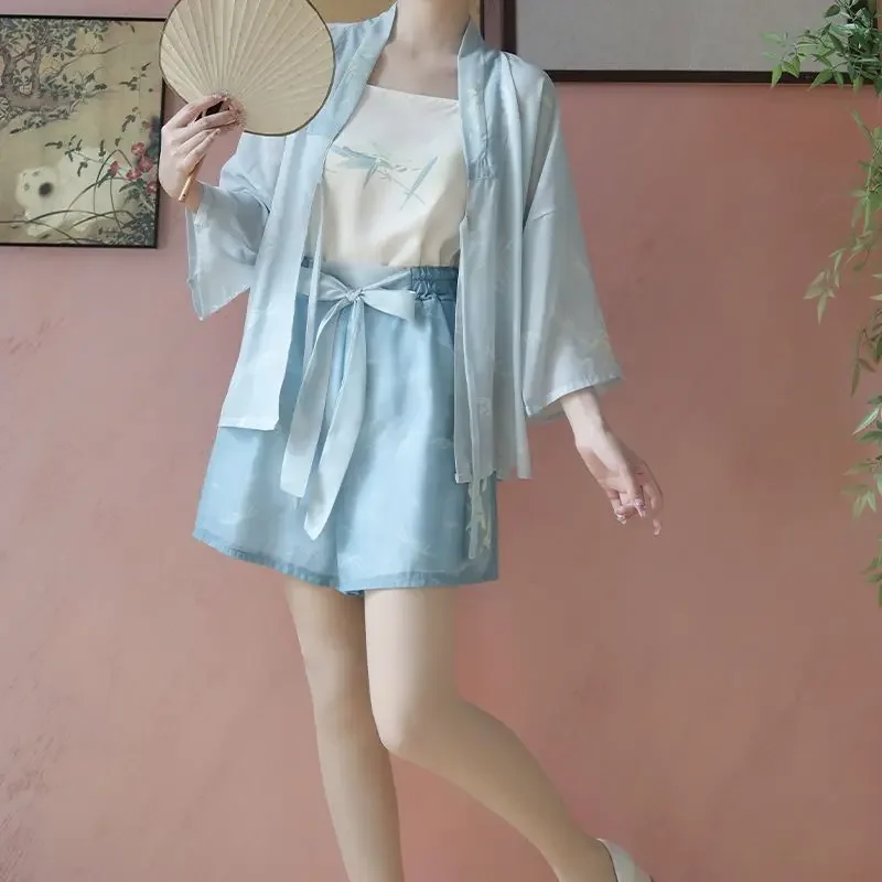 

Летние новые китайские повседневные женские шорты Hanfu, шорты на талии, куртка на бретельках с половиной рук, повседневные элементы, комплект Hanfu в восточном стиле