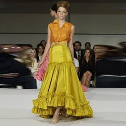 Yellow Satin Ruffles Long Skirt Women Birthday Party Wedding Guest Long Skirt Elastic Waistband Saias Lady Formal Wear
