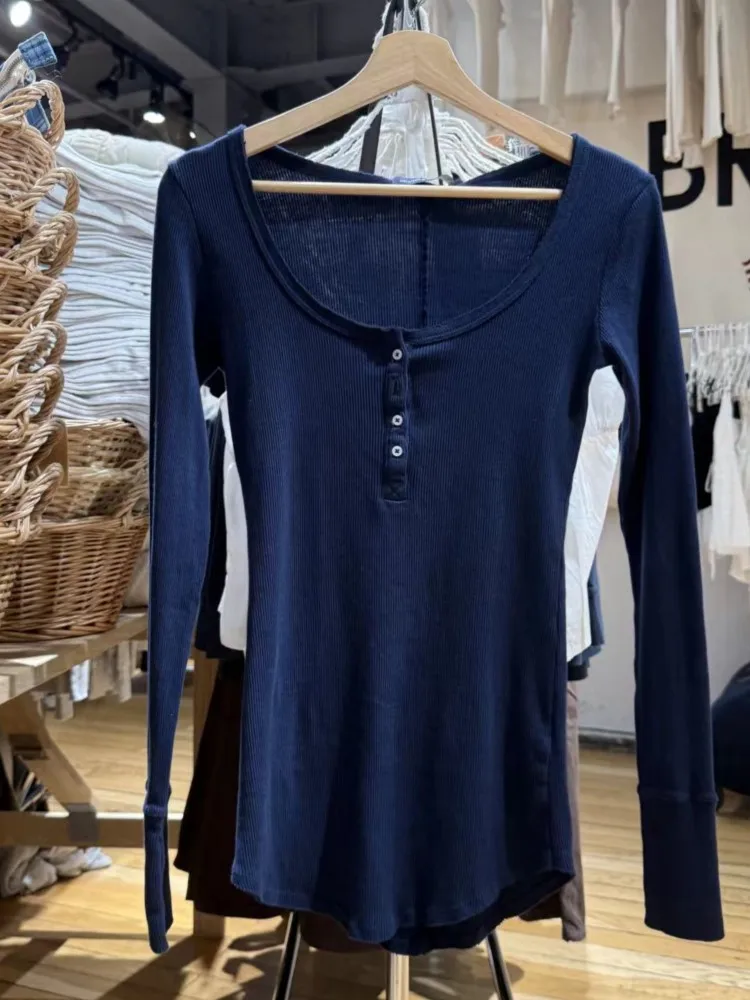 

Новые темно-синие топы в рубчик с четырьмя пуговицами и молнией, женские весенние хлопковые тонкие лоскутные футболки с длинными рукавами, милые винтажные шикарные футболки Y2K