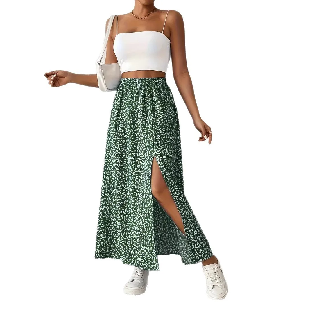 Dyed Floral Print Skirt Midi Length Elegant with a Line Graceful Commuter Botanical Floral Pattern No Stretch Women Skirt