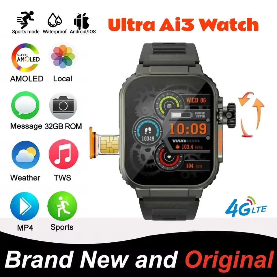 

Original Ultra Ai3 Smartwatch 4G Android OS AMOLED HD Display Camera GPS WiFi Google Play Store App Download Gaming BT