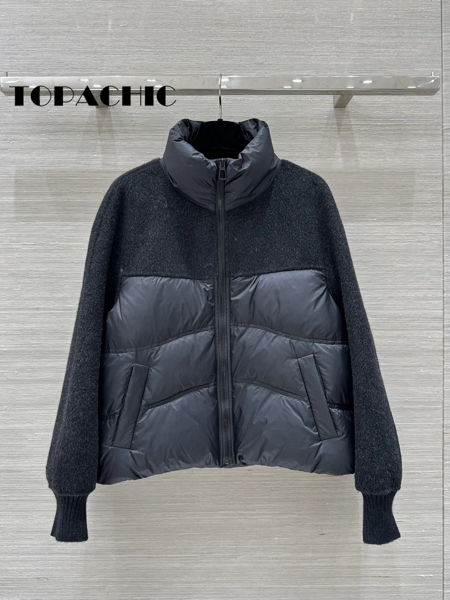 10.7 TOPACHIC-Women Clothes Loose All-matches Double-Sided Wool Spliced Stand Collar Zipper Short Down Outerwear