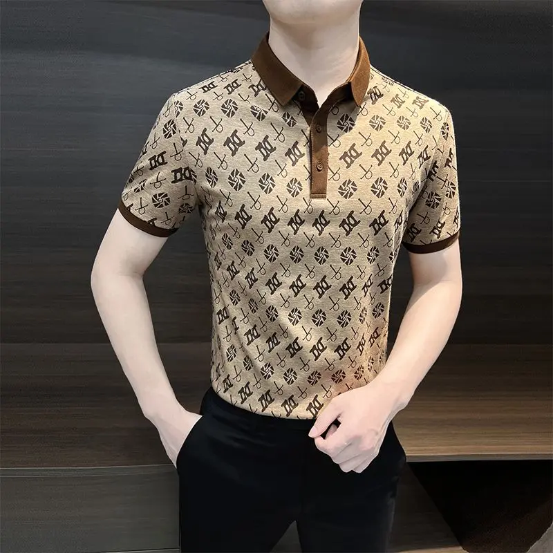

Men's T-shirt Short Sleeve Summer Ice Silk Trend Ruffian Handsome Premium Sense Retro Printed POLO Shirt Men's