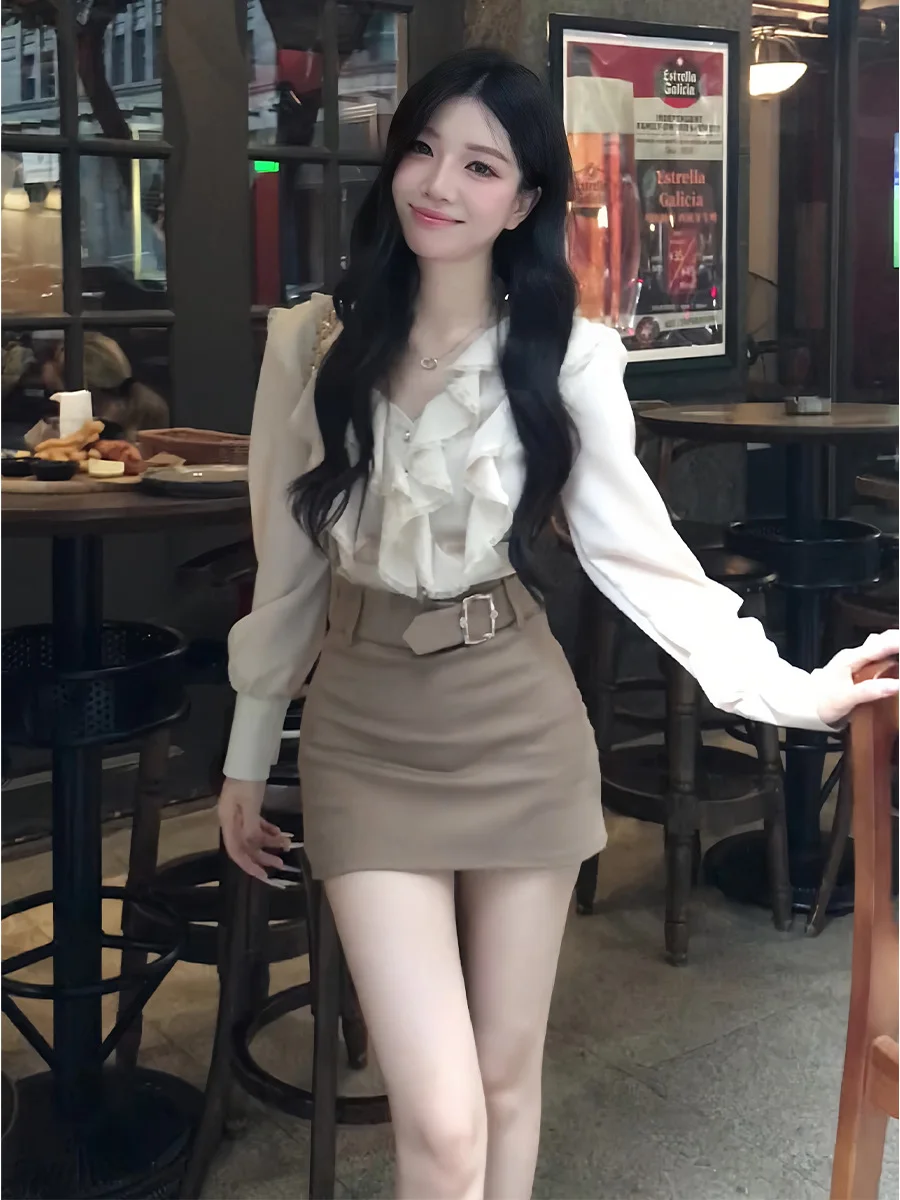 

Light Maturity Short Skirt High Waist Polyester Blend Wrap Bodycon Dress Two Piece Set for Young Women Autumn New Arrival