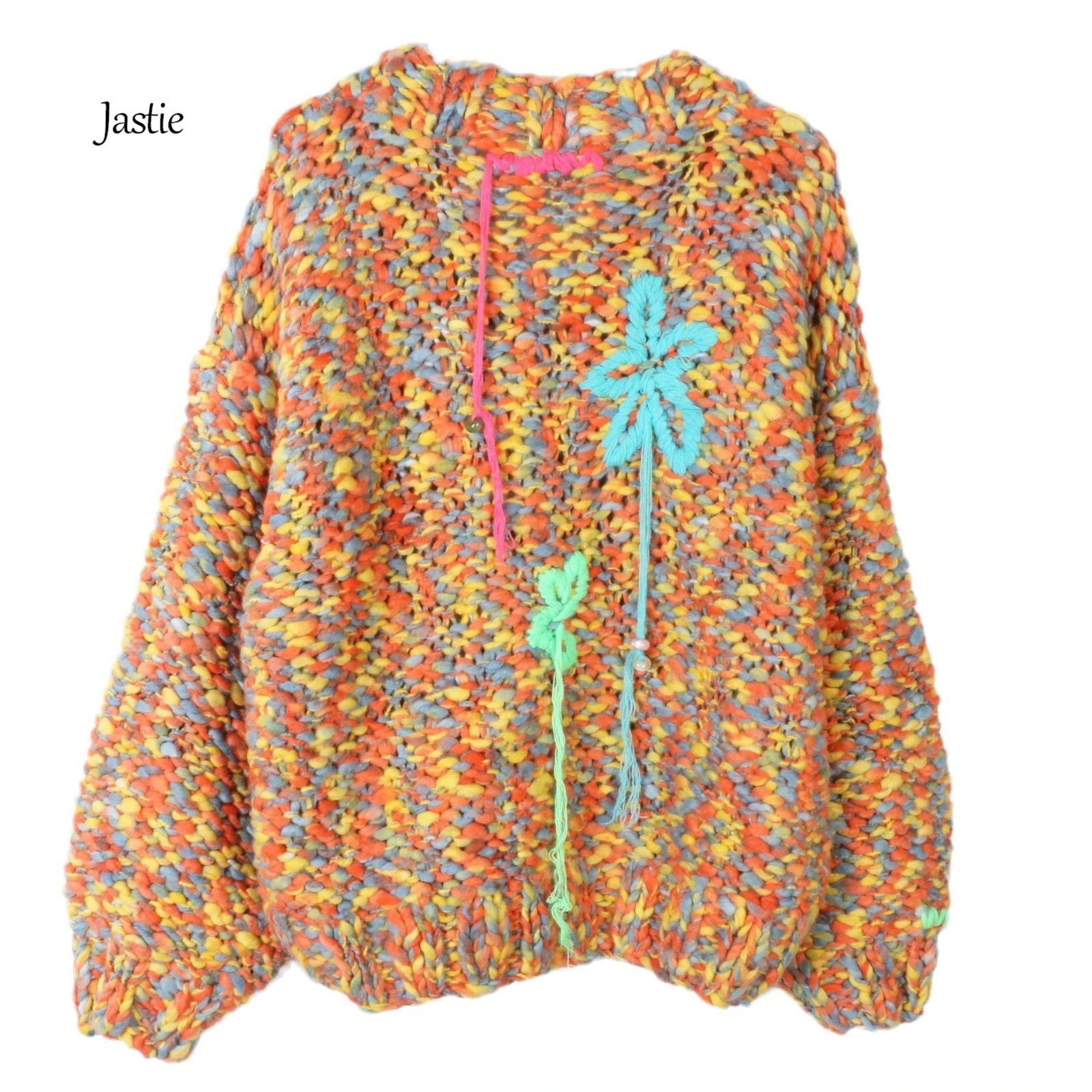 Jastie V-neck Sweater Cardigan Women's Contrast Color Handmade Flowers Loose Fashion 2024 Autumn And Winter New Sweater Jacket