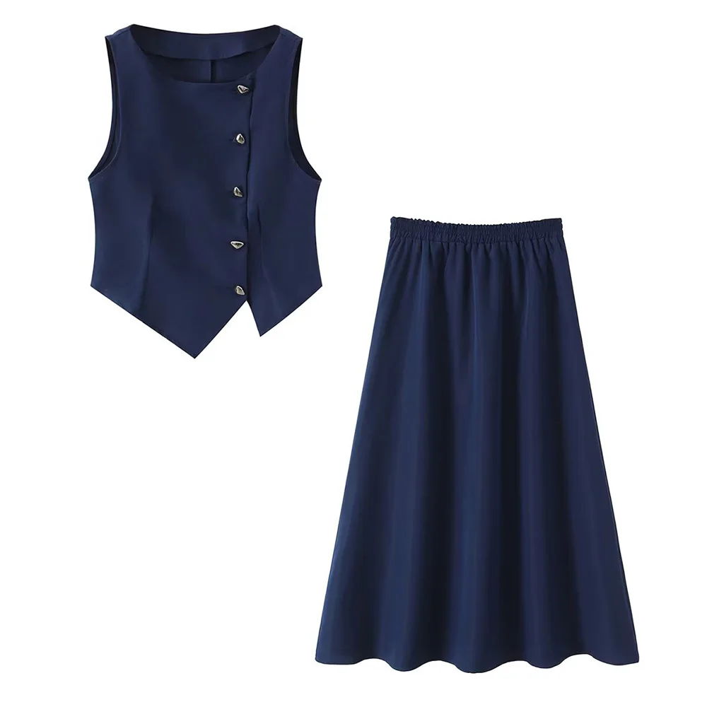 

WOMAN 2026 Summer New Fashion Asymmetric placket Vest Coat+Midi Skirt Set Vintage Sleeveless Button-up Casual Female 2 pieces