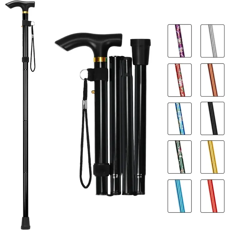 Folding Cane Portable 5-Level Adjustable Walking Stick, Compact Collapsible Travel Cane with Wrist Strap, T Handle for Seniors