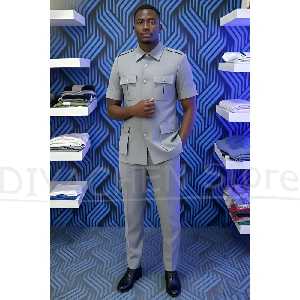 

Men Suit Two Piece Stand Lapel Short Sleeve Outfit Multi Pocket Casual Formal Wear Business Wedding Party Daily Male Suit