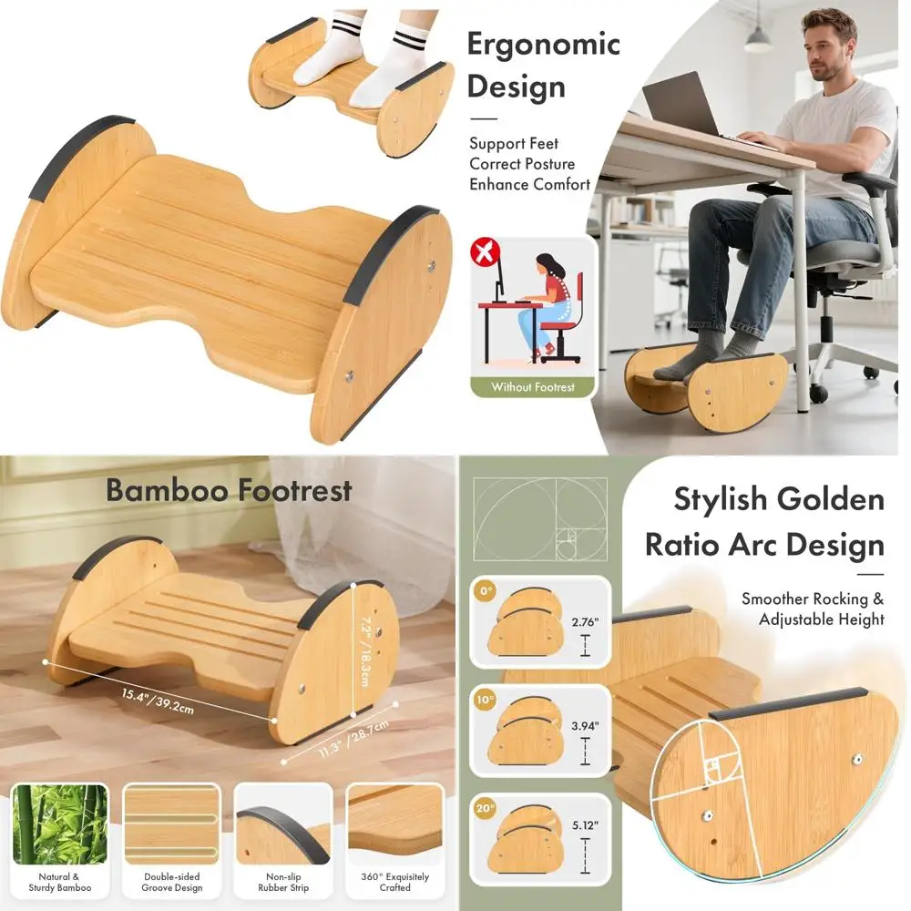 

Бамбуковая подставка для ног под столом на работе, двусторонняя подставка для ног 2-в-1, регулируемый табурет для ног, эргономичная подставка для ног под