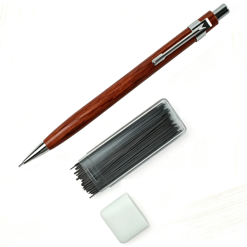 Retro Red Solid Wood Mechanical Pencil 0.5mm, Wooden Automatic Pencil Set Includes 100 Lead Refills for Artists Students Office