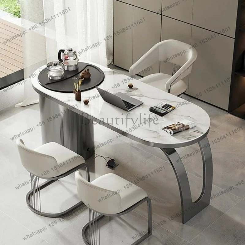 simple modern balcony rock slab tea table stainless steel desk kung fu tea table and chair combination