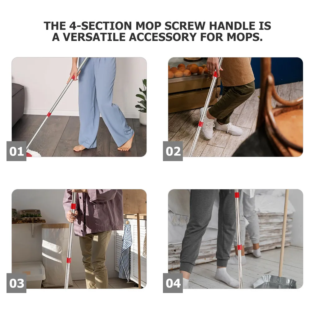 1Set 4-Section Adjustable Stainless Steel Mop Handle Replacement Pole for Floor Cleaning Bathroom Hard-to-Reach Areas Universal