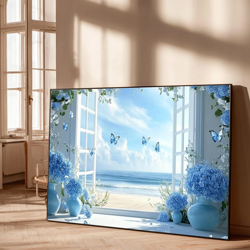Coastal Window View Canvas, Blue Hydrangea Floral Posters, Butterfly Beach Scene, Summer Ocean Landscape Canvas, Home Decoration
