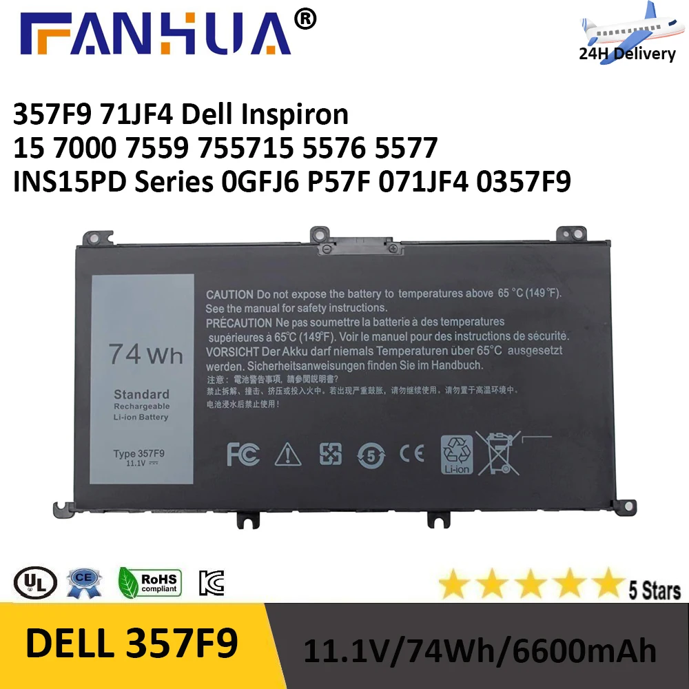 74WH 357F9 Laptop Battery for Dell Inspiron 15 7000 Gaming 15 7559 i7559 7557 i7557 5577 7567 5576 7566 i7559-5012GRY