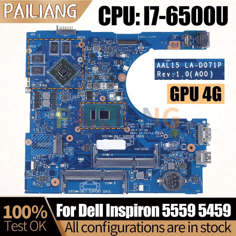 For DELL Inspiron 5559 5459 Notebook Mainboard LA-D071P I7-6500U 216-0867020 4G 0F1J0W 0YVT1C Laptop Motherboard Full Tested