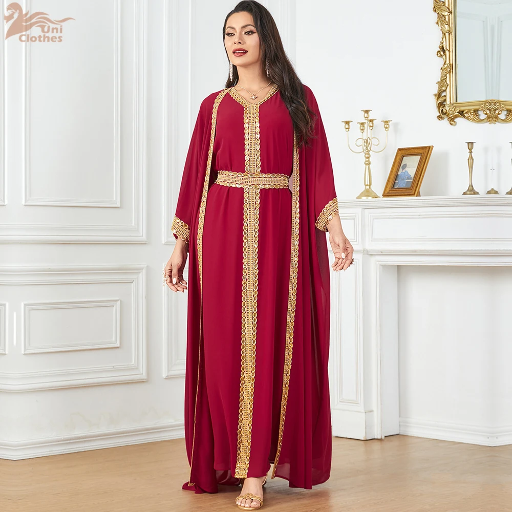 Muslim Fashion Two Piece Sequined Solid Summer V-Neck Abaya And Vest Long Dress Overgarments Islamic Women Moroccan Clothing