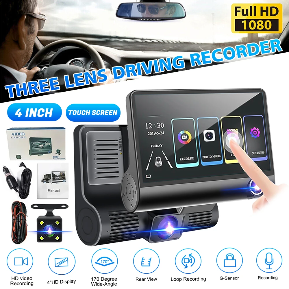 

4inch Three Lens HD Dash Cam Night Vision Touch Screen Wide Angle Reversing DVR G-Sensor GPS Navigation Dashboard Video Recorder