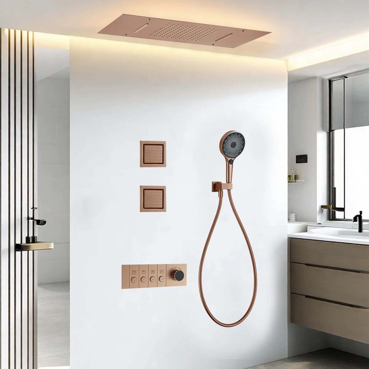 VGX Luxury Shower System Set Gold Concealed Waterfall Shower System Shower Faucet Set Bathroom Brass Rainfall Shower Head Set