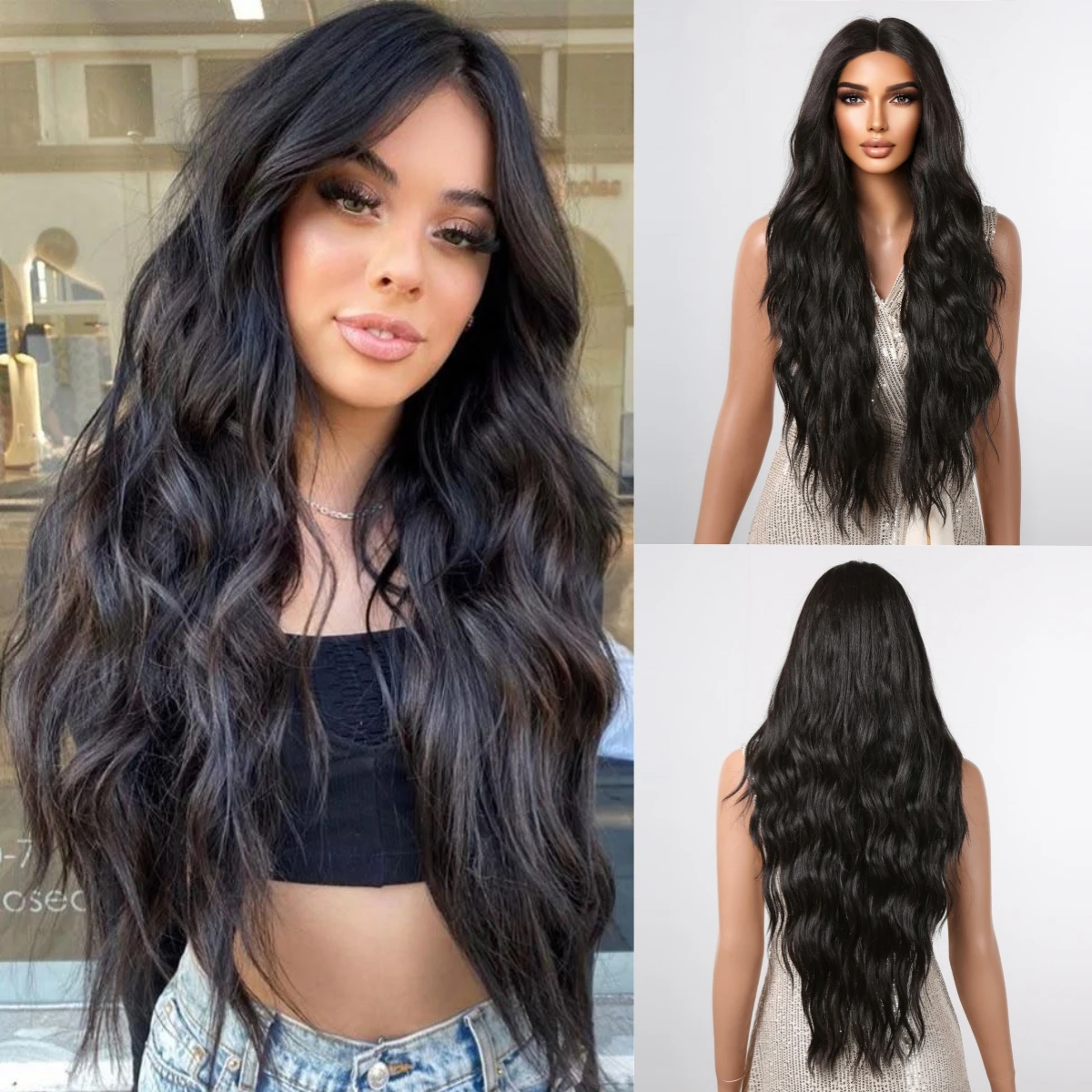 13*4  Lace Front Wigs Long Black Wavy Synthetic Wigs for Women Lace Wigs Deep Wave Natural Black Heat Resistant Hair for Daily