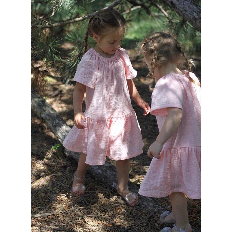 

100% Cotton Girls' Muslin Dress Summer New Baby Kids Short Sleeve Casual Loose Ruffle Princess Dresses Handmade Clothes TZ036