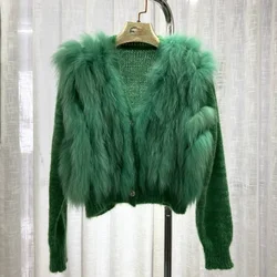 Cardigan Coat with Real Fox Fur Fur Loose Natural Fox Fur Jacket Female Cropped Sweaters 2024 Fashion Women Spring Short Knitted